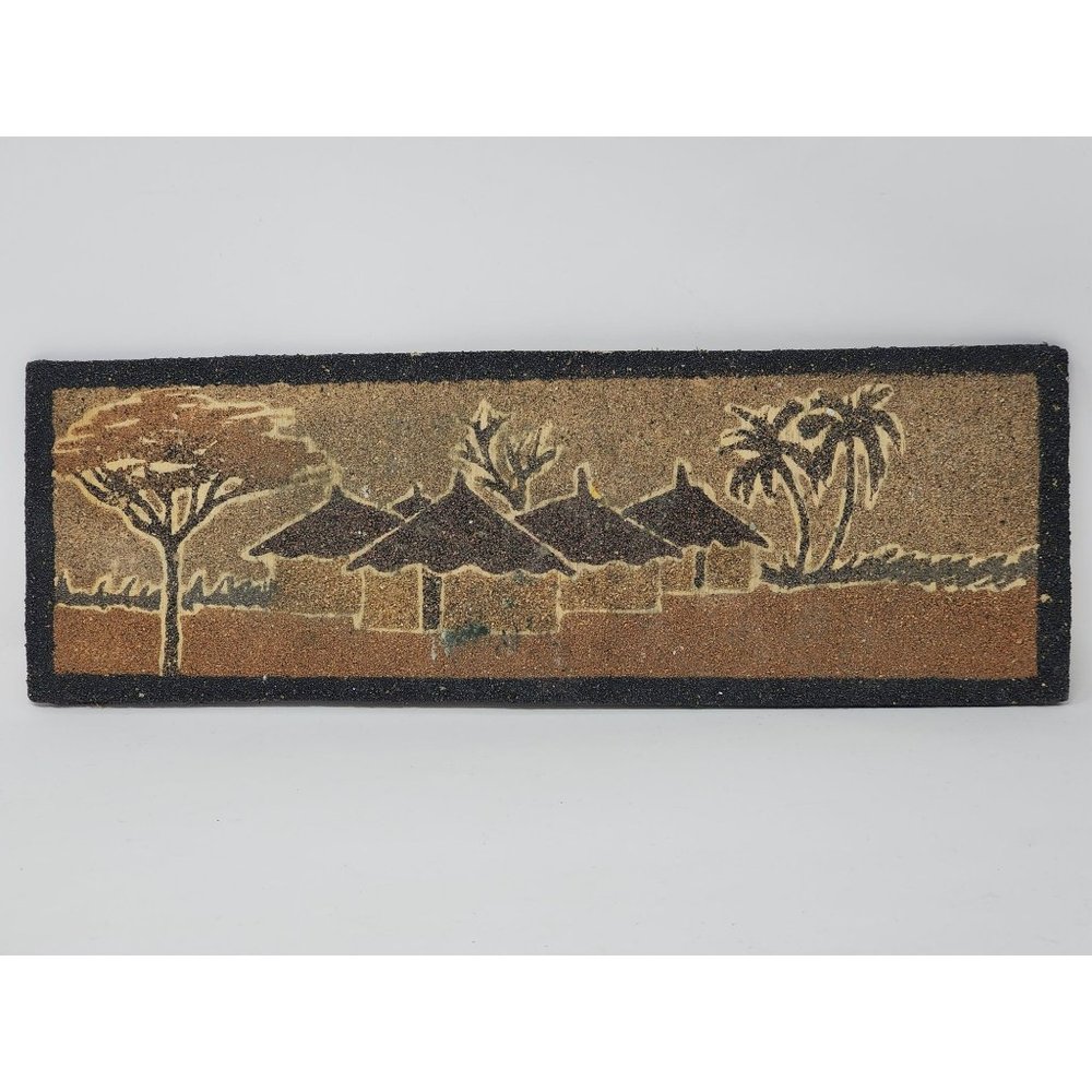 Vintage Hand Made Sand Art‎ Picture On Wood Unframed Palm Trees & Huts 1960s/70s